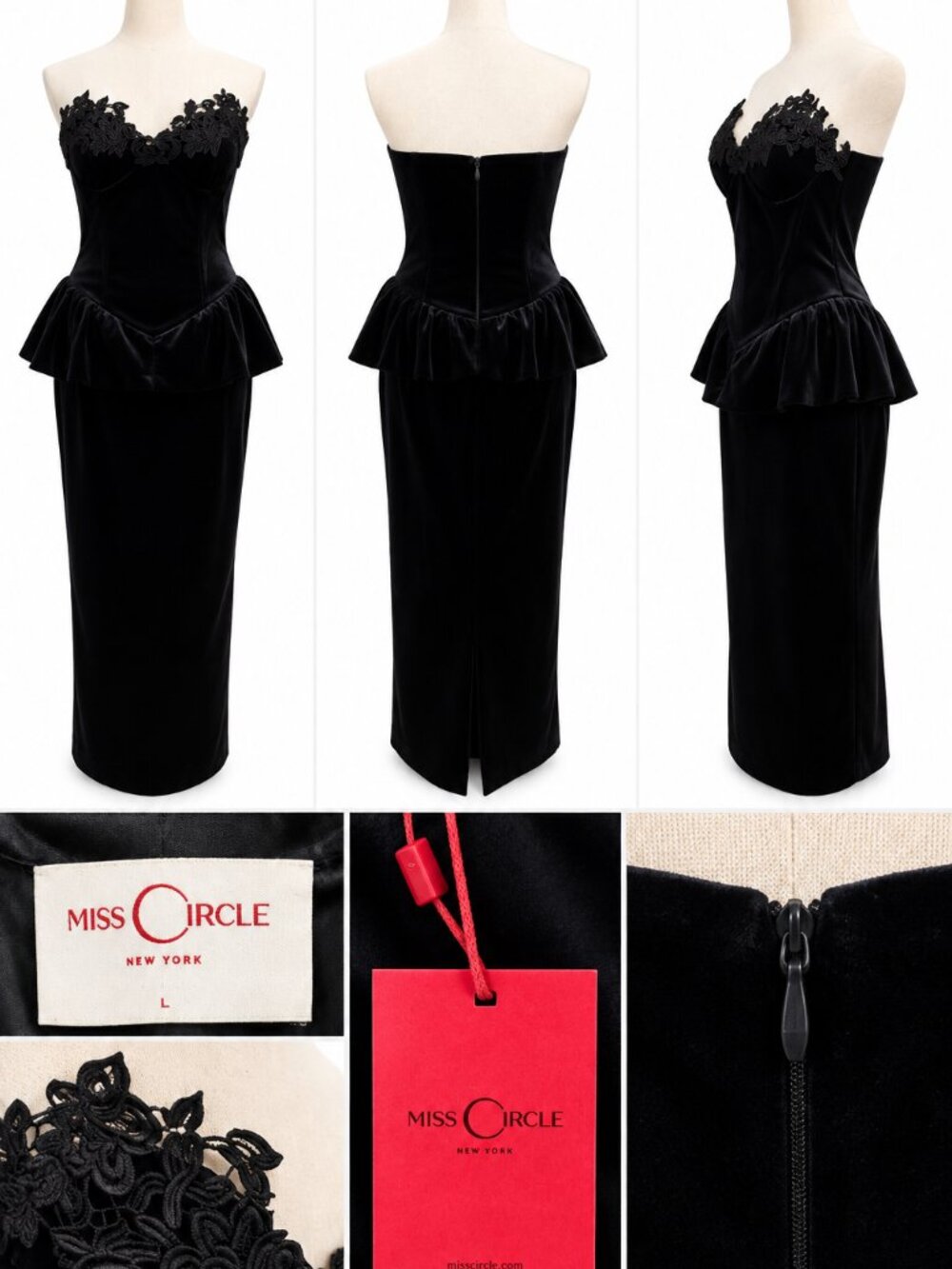 MISS CIRCLE PASCHA NAVY VELVET LACE APPLIQUÉ STRAPLESS PEPLUM MIDI DRESS – L – N